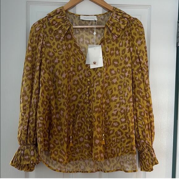 NEW NWT Zimmermann Ruffle-Trimmed Leopard-print Cotton Gauze Blouse - Picture 3 of 5